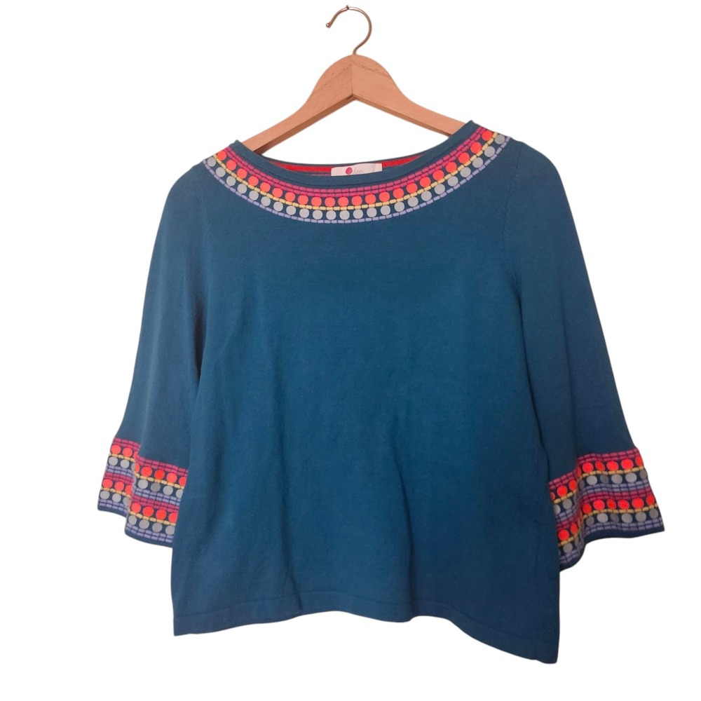 Boden Sweater Womens Small Teal Blue Embroidered Boat Neck Bell Sleeve Cotton